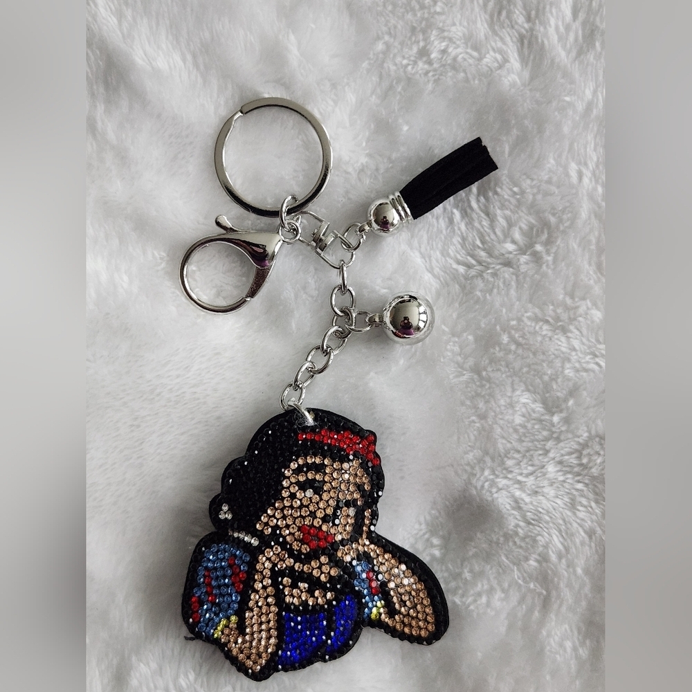 Snow White Sparkling Rhinestone Keychain with Tassel Bag Charm